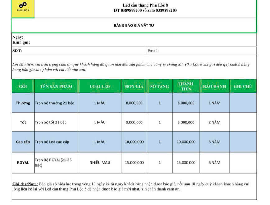 LED CẦU THANG - BẢNG GIÁ THI CÔNG